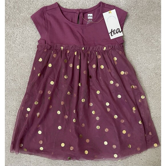 Tea Collection 18-24M Girl Tulle Skirt Dress with Gold Polka Dots - Picture 1 of 6